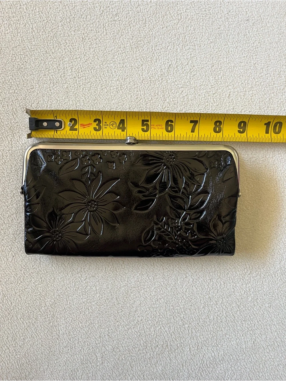 HOBO Black Floral Flower Embossed Leather Wallet Clutch Paisley Lining Silver